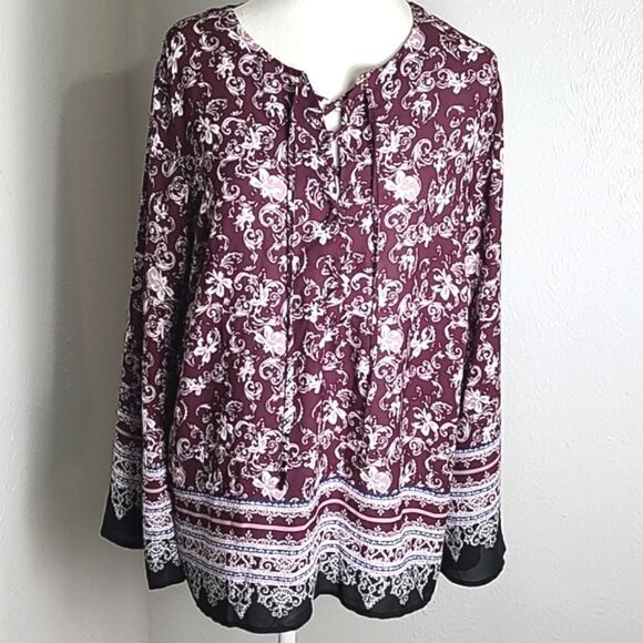 Cato Tops - Cato Maroon & White Top, Lace-up Neckline, Black Border, Size 14/16